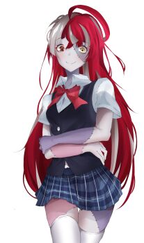 Rule 34 | 1girl, absurdres, ahoge, alternate costume, alternate hairstyle, black vest, blue skirt, blush, bow, bowtie, breasts, closed mouth, colored skin, commentary, cowboy shot, crossed arms, demise (official makuu), diamond-shaped pupils, diamond (shape), english commentary, gradient eyes, green eyes, grey hair, grey skin, heterochromia, highres, hololive, hololive indonesia, kureiji ollie, long hair, looking at viewer, miniskirt, mismatched pupils, multicolored eyes, multicolored hair, multicolored skin, patchwork skin, plaid clothes, plaid skirt, pleated skirt, red bow, red bowtie, red eyes, red hair, school uniform, shirt, short sleeves, simple background, skirt, small breasts, smile, solo, stitched arm, stitched face, stitched leg, stitches, straight hair, symbol-shaped pupils, thighhighs, vest, virtual youtuber, white background, white shirt, white skin, white thighhighs, x-shaped pupils, yellow eyes, zettai ryouiki, zombie