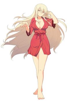 1girl adjusting_hair barefoot bathrobe blonde_hair breasts cleavage closed_mouth collarbone frilled_sleeves frills full_body hair_between_eyes large_breasts leo_(senran_kagura) long_hair looking_at_viewer naked_robe non-web_source official_art purple_eyes red_robe robe senran_kagura senran_kagura_new_wave shiny_skin short_sleeves simple_background solo standing toenails very_long_hair white_background