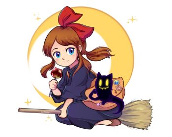 1boy 1girl a_hat_in_time alternate_costume animal_ears artist_name badge bag blue_dress blue_eyes bow broom broom_riding brown_bag brown_hair brown_shoes button_badge candy candy_apple cat_ears child closed_mouth commentary cosplay crescent_moon dress english_commentary fangs food hair_bow hair_tie hat_kid highres holding holding_broom holding_candy holding_candy_apple holding_food holding_lollipop keterok kiki_(majo_no_takkyuubin) kiki_(majo_no_takkyuubin)_(cosplay) lollipop long_hair long_sleeves looking_at_another looking_to_the_side majo_no_takkyuubin moon ponytail red_bow shoes shoulder_bag sidelocks skin_fangs smile snatcher_(a_hat_in_time) white_background wrapped_candy