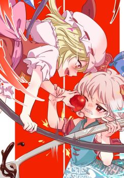 2girls apple blonde_hair blue_dress blush commentary_request crystal crystal_wings dress eye_print fang fighting flandre_scarlet food fruit grey_hair hat holding holding_another&#039;s_wrist holding_food holding_fruit holding_weapon horns kimi3735 laevatein_(touhou) meandros mob_cap multicolored_wings multiple_girls one_eye_closed open_mouth oversized_object patterned_clothing pointy_ears red_eyes red_horns red_skirt red_sleeves red_vest sharp_teeth sheep_horns short_sleeves skirt skirt_set smile teeth touhou toutetsu_yuuma vest weapon white_hat wings