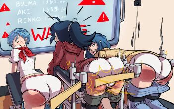 3girls ahoge ascot ass axel-rosered bdsm bent_over blue_eyes blue_hair blush bondage bound breasts bulma clenched_teeth closed_eyes clothes_pull crossover dragon_ball dragonball_z from_behind gundam gundam_build_fighters highres hinata_aki hood hoodie huge_ass iori_rinko keroro_gunsou long_hair looking_back machine mature_female multiple_girls open_mouth panties pants pants_pull ponytail shirt short_hair spanked spanking sweater tears teeth underwear white_panties