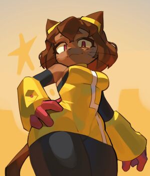 1girl animal_ears animal_nose black_pants breasts brown_hair cat_ears cat_girl cat_tail closed_mouth commentary dress english_commentary furry furry_female gameoverse gloves goggles goggles_on_head hand_on_own_hip highres kit_bodega looking_at_viewer medium_breasts microdress pants perepoire red_eyes red_gloves short_hair smile snout solo tail whiskers yellow_dress