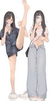 Rule 34 | 1girl, ama mitsuki, black hair, black pajamas, black shirt, black shorts, cellphone, commentary request, grey pants, highres, holding, holding phone, legs, long hair, multiple views, pajamas, pants, phone, shirt, short sleeves, shorts, simple background, smartphone, split, standing, standing on one leg, standing split, thighs, white background, white shirt