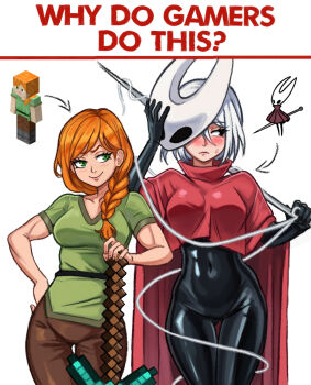 2girls alex_(minecraft) black_bodysuit black_eyes blush bodysuit braid braided_ponytail cloak closed_mouth commentary embarrassed english_commentary green_eyes green_shirt highres holding holding_pickaxe holding_sword holding_weapon hollow_knight hornet_(hollow_knight) humanization long_hair looking_at_another looking_at_viewer mask medium_hair minecraft minecraft_pickaxe multiple_girls neggoartz orange_hair pickaxe red_cloak shirt simple_background smile standing sword t-shirt weapon white_background white_hair