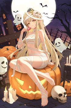 1girl absurdres arknights bandaged_arm bandaged_chest bandaged_head bandaged_leg bandaged_torso bandages barefoot bat_(animal) bingcan box breasts brown_hair candle elf feet female_focus full_body ghost halloween halloween_costume heart heart-shaped_box highres holding holding_heart long_hair muelsyse_(arknights) mummy_costume night night_sky pointy_ears pumpkin sitting sky small_breasts smile solo toes tree very_long_hair yellow_eyes