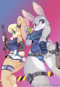 2girls :3 animal_ears ass baton_(weapon) belt blonde_hair blowing_bubble_gum blowing_bubbles blue_leotard breasts bulletproof_vest charm_(object) chewing_gum commentary crossover curvy elbow_gloves english_commentary from_below furry furry_female gloves gun hairband highleg highleg_leotard highres holding holding_gun holding_weapon judy_hopps leotard lola_bunny looking_at_viewer looney_tunes multiple_girls one-piece_swimsuit police_badge pouch rabbit_ears rabbit_girl animal_nose rabbit_tail shepherd0821 short_shorts shorts shotgun space_jam swimsuit symbol-only_commentary tactical_clothes tail thigh_pouch thigh_strap thong_leotard trait_connection weapon white_gloves zootopia