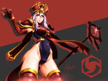 1girl armor black_background boobplate boots breastplate breasts cape claw_(weapon) cowboy_shot cross cross_necklace elbow_gloves facial_mark gem gloves grin hat heroes_of_the_storm highleg highleg_leotard highres holding holding_staff jazz_jack jewelry leotard long_hair makeup necklace parted_lips pauldrons pelvic_curtain red_background red_eyes sally_whitemane shoulder_armor signature smile solo staff tabard thick_thighs thigh_boots thighhighs thighs two-tone_background warcraft weapon white_hair