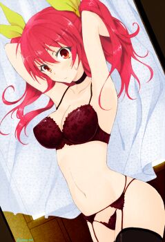 1girl absurdres armpits arms_up black_choker black_garter_belt black_garter_straps black_socks black_thighhighs blush bow bra breasts choker cleavage closed_mouth collarbone colorized dot_nose female_focus from_side garter_belt garter_straps hair_bow hair_ribbon highres indoors large_breasts long_hair looking_at_viewer looking_to_the_side midriff navel novel_illustration official_art panties rakudai_kishi_no_cavalry red_bra red_eyes red_hair red_panties ribbon sexually_suggestive socks solo solo_focus stella_vermillion stomach sweat sweatdrop thick_thighs thighhighs thighs twintails underwear window window_blinds window_shadow won_(az_hybrid) yellow_bow yellow_ribbon
