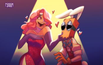 1girl absurdres animal_ears bag_over_head breasts cosplay dr._flug dress elbow_gloves gloves goggles hair_over_one_eye highres jessica_rabbit jessica_rabbit_(cosplay) makeup miss_heed poisonjobs rabbit_ears red_dress roger_rabbit roger_rabbit_(cosplay) villainous who_framed_roger_rabbit