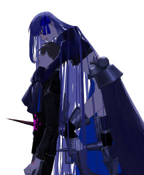 1473ex 1boy 1girl absurdres armored_boots black_jacket black_pants blood blood_from_mouth blue_ribbon boots brown_eyes brown_hair command_spell commentary_request digital_dissolve dissolving fate/extra fate/extra_ccc fate_(series) hair_ribbon head_hug highres hug hug_from_behind impaled jacket kishinami_hakuno_(male) light_smile long_hair long_sleeves meltryllis_(fate) open_mouth pants purple_eyes purple_hair ribbon school_uniform spikes very_long_hair white_background wide-eyed