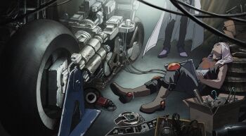 2boys abaraya bare_shoulders black_hair black_pants black_shirt boots box brown_boots cable cardboard_box clothes_hanger coat computer construction covered_eyes curtains dappled_sunlight dark-skinned_male dark_skin dirty disheveled doctor_fudo engine exhaust exhaust_pipe exhausted facing_another facing_to_the_side fudo_yusei garage grey_shoes head_rest highres holding holding_laptop indoors knee_pads knee_up lab_coat laptop leaning_back male_focus motor_vehicle motorcycle multiple_boys open_clothes open_coat out_of_frame outside_border pants shelf shirt shoes sleeping sleepy sleeveless sleeveless_shirt spiked_hair sunlight tan towel towel_on_head unused_tire warehouse white_coat wire yu-gi-oh! yu-gi-oh!_5d&#039;s