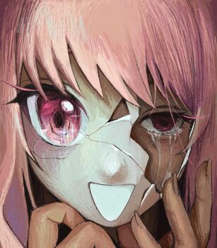 Rule 34 | 1other, :d, akiyama mizuki, broken mask, close-up, commentary, cracked kawaii mask, cracked mask, crying, crying with eyes open, highres, long hair, mask, open mouth, other focus, pink eyes, pink hair, project sekai, smile, solo, tears, ynykcx