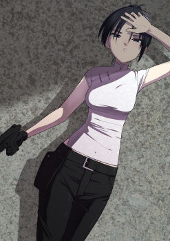 1girl absurdres belt black_hair breasts chinese_clothes denim fong_ling gloves gun hair_bun handgun highres holding holding_gun holding_weapon holster jeans looking_at_viewer medium_breasts pants resident_evil resident_evil:_dead_aim short_hair single_glove single_hair_bun solo tangzhuang toku_sonchou weapon