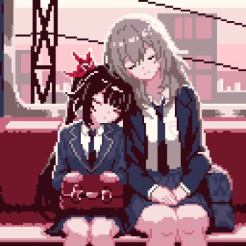 Rule 34 | 2girls, black hair, black necktie, blazer, blue skirt, briefcase, building, city, closed eyes, closed mouth, commentary request, contemporary, cowboy shot, dot mouth, dot nose, evening, facing viewer, flower, grey hair, hair between eyes, hair flower, hair ornament, hands on own legs, head rest, head tilt, holding, holding briefcase, honkai: star rail, honkai (series), jacket, leleka, long hair, long sleeves, multiple girls, necktie, pixel art, pocket, power lines, shirt, sidelocks, sitting, skirt, sleeping, sleeping on person, sparkle (honkai: star rail), stelle (honkai: star rail), trailblazer (honkai: star rail), train interior, twintails, very long hair, white shirt, window