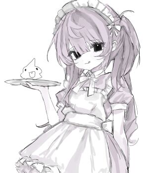 Rule 34 | 1girl, :p, apron, blunt bangs, collared dress, commentary, doodle inset, dress, frilled apron, frills, hand up, highres, holding, holding tray, kitty 17a, looking at viewer, maid, maid apron, maid headdress, original, puffy short sleeves, puffy sleeves, short sleeves, solo, tongue, tongue out, tray, twintails, white apron, white background, white headdress