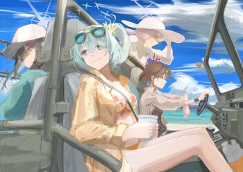 4girls alternate_costume aqua_eyes aqua_hair arius_squad_(blue_archive) atsuko_(blue_archive) atsuko_(swimsuit)_(blue_archive) baseball_cap beach belt bikini black_hair blue_archive blue_eyes blue_hair blue_sky breasts brown_hair brown_shirt car cloud commentary cup driving english_commentary eyewear_on_head floral_print floral_print_bikini flower green_jacket hair_flower hair_ornament halo hand_on_own_hat hat hetare_galm_sue highres hiyori_(blue_archive) hiyori_(swimsuit)_(blue_archive) holding holding_cup jacket misaki_(blue_archive) motor_vehicle multicolored_hair multiple_girls ocean official_alternate_costume orange_bikini orange_shirt ponytail print_bikini purple_hair red_eyes saori_(blue_archive) saori_(swimsuit)_(blue_archive) seatbelt shirt short_hair side_ponytail sitting sky smile striped_clothes striped_shirt sun_hat sunglasses swimsuit swimsuit_under_clothes two-tone_hair vehicle_request vertical-striped_clothes vertical-striped_shirt white_bikini white_hat white_shirt