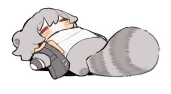 1boy animal_ears black_coat black_gloves blush caelus_(honkai:_star_rail) chibi chibi_only closed_eyes coat fingerless_gloves full_body gloves grey_hair hair_between_eyes honkai:_star_rail honkai_(series) kemonomimi_mode leonrui long_sleeves lowres lying male_focus no_mouth on_back open_clothes open_coat raccoon_ears raccoon_tail shadow shirt short_hair simple_background sleeping solo t-shirt tail trailblazer_(honkai:_star_rail) white_background white_shirt