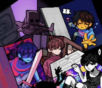 ! 1boy 1girl 2others 9aaaalt29 antenna_hair bandana black_eyes black_hair black_socks blue_skin blue_sweater braid brown_hair character_request closed_eyes closed_mouth collarbone colored_skin commentary copyright_request deltarune door expressionless highres kneehighs knees_up kris_(dark_world)_(deltarune) kris_(deltarune) long_sleeves looking_at_viewer low_twin_braids madotsuki multiple_others no_eyes no_mouth omori_(omori) pixel_art pleated_skirt red_bandana red_skirt short_hair skirt socks something_(omori) speech_bubble spoken_exclamation_mark sweatdrop sweater symbol-only_commentary twin_braids utdr_(toby_fox) white_skin yellow_skin yume_nikki