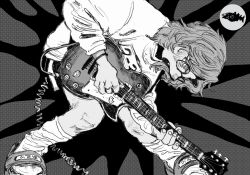 Rule 34 | 1other, electric guitar, fish, grey hair, greyscale, guitar, halftone, halftone background, highres, icon (computing), instrument, mettaflix, monochrome, open mouth, original, playing guitar, shirt, slippers, socks, solo, white shirt, white socks