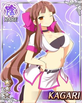 1girl blunt_bangs breasts card_(medium) choker cleavage closed_mouth crop_top game_cg hair_ribbon hands_on_own_hips high_ponytail highres kagari_(senran_kagura) large_breasts long_hair looking_at_viewer navel non-web_source official_alternate_costume official_art one_eye_closed ponytail race_queen red_eyes red_hair red_ribbon ribbon senran_kagura senran_kagura_new_wave sidelocks skirt smile solo