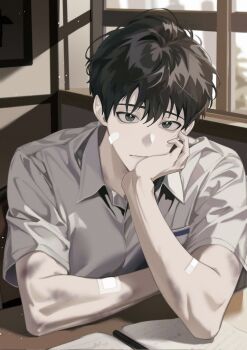 Rule 34 | 1boy, bags under eyes, bandage on face, bandages, bandaid, bandaid on arm, black hair, book, bruise, bruise on arm, collared shirt, commentary request, desk, elbow rest, hand on own chin, head rest, head tilt, highres, injury, kim dokja, korean commentary, light particles, looking at viewer, male focus, narak, oldest dream, omniscient reader's viewpoint, open book, pen, shirt, short hair, sitting, smile, solo, upper body, white shirt, window light