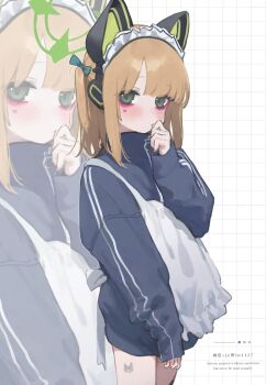 Rule 34 | 1girl, absurdres, ai-assisted, amenatsu, animal ear headphones, animal ears, apron, black thighhighs, blonde hair, blue archive, blue jacket, blush, bow, cat ear headphones, cat ears, checkered background, fake animal ears, from side, green bow, green eyes, green halo, gym uniform, halo, headphones, heart, heart sticker, high collar, highres, jacket, long sleeves, looking at viewer, maid apron, maid headdress, makeup, midori (blue archive), short hair, sidelocks, sleeves past wrists, solo, standing, sticker, tear bag makeup, thighhighs, thumb to mouth, two side up, white apron, white headdress, zettai ryouiki, zipper