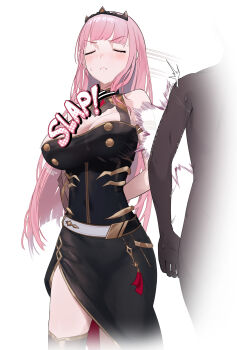1girl 1other black_dress black_tiara blush breasts bumping closed_eyes closed_mouth dress frown highres hololive hololive_english kirachamo large_breasts long_hair mori_calliope mori_calliope_(1st_costume) simple_background sound_effects sweatdrop tiara virtual_youtuber white_background