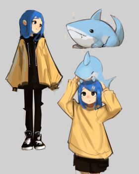 1girl absurdres animal animal_on_head black_eyes black_hoodie black_pantyhose black_shoes black_skirt blue_eyes blue_hair closed_eyes closed_mouth commentary drawstring english_commentary fang grey_background guantanima_ii_(shadches72) highres hood hood_down hoodie light_smile long_hair long_sleeves looking_at_another looking_up monasterio_(shadches72) multicolored_shoes multiple_views on_head original pantyhose shadches72 shark shoes skirt sleeves_past_fingers sleeves_past_wrists smile sneakers sparkle sweater turning_head two-tone_hoodie two-tone_shoes white_shoes yellow_hoodie yellow_sweater