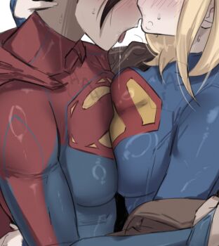 2girls after_kiss alternate_breast_size_(larger) asymmetrical_docking black_hair blonde_hair blue_leotard blush breast_press breasts breath brown_coat cape coat coat_partially_removed commentary dc_comics dc_extended_universe dc_universe_(franchise) drooling english_commentary gy_beth hand_on_another's_head hand_on_another's_waist head_out_of_frame heavy_breathing large_breasts leotard medium_hair multiple_girls open_mouth red_cape saliva selfcest short_hair signature supergirl superhero_costume superman_(2025) superman_(series) sweat the_flash_(movie) tongue tongue_out upper_body white_background yuri