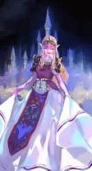 Rule 34 | 1girl, armor, belt, blonde hair, castle, circlet, closed eyes, collar, curtsey, dress, earrings, elbow gloves, gloves, highres, holding, holding clothes, holding dress, jewelry, lips, long hair, matsutoshi kkb, necklace, night, nintendo, outdoors, pointy ears, princess zelda, shoulder armor, sidelocks, solo, tabard, the legend of zelda, the legend of zelda: ocarina of time, triforce, triforce earrings