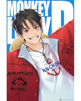 Rule 34 | 1boy, black hair, blue background, brown eyes, character name, commentary, hat, highres, instagram username, jacket, jewelry, looking at viewer, male focus, monkey d. luffy, necklace, one piece, red jacket, shirt, short hair, solo, straw hat, wandzardeen, white shirt