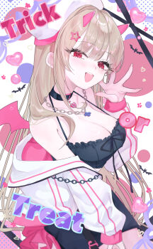 1girl :d absurdres alternate_costume bare_shoulders bat_(animal) beret black_choker black_dress blonde_hair blunt_bangs blush choker commentary_request cowboy_shot cross_pendant dated_commentary dress goddess_of_victory:_nikke hair_ornament halloween hat heart heart_choker highres horns jacket long_hair looking_at_viewer off_shoulder open_clothes open_jacket open_mouth pink_horns pink_wings po_poko red_eyes single_wing smile solo standing star_(symbol) star_hair_ornament strap_gap striped_clothes striped_jacket teeth trick_or_treat upper_teeth_only very_long_hair viper_(nikke) wings