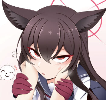 +++ 1boy 1girl animal_ear_fluff animal_ears blue_archive blue_sailor_collar blush brown_hair commentary_request doodle_sensei_(blue_archive) eyelashes flying_sweatdrops fox_ears fox_girl furrowed_brow gloves hair_between_eyes halo hands_up highres holding_another&#039;s_wrist kagayai_akira long_hair looking_at_viewer open_mouth pov pov_hands red_eyes red_gloves red_halo sailor_collar school_uniform sensei_(blue_archive) serafuku shirt sidelocks solo_focus speech_bubble spoken_character sweatdrop tsurime upper_body upturned_eyes white_shirt yukino_(blue_archive)