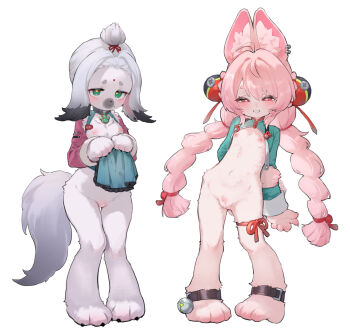 2girls animal_ear_fluff animal_ear_piercing animal_ears animal_feet bar_censor barefoot blue_shrug blush braid cairn_(zenless_zone_zero) censored closed_mouth commentary_request dog_ears dog_girl dog_tail furry furry_female green_eyes grey_fur grey_hair hair_ornament highres loli long_hair long_sleeves looking_at_viewer multiple_girls nipples parted_lips pink_fur pink_hair pussy rabbit_ears rabbit_girl red_eyes shep_(user_uzrg8474) shrug_(clothing) simple_background sphere_hair_ornament standing tail thick_eyebrows topknot twin_braids white_background zenless_zone_zero zhao_(zenless_zone_zero)