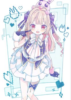 1girl 1me7nkc :o asymmetrical_gloves bare_arms black_gloves black_ribbon black_vest blunt_bangs blush bow bowtie brooch collared_shirt colored_inner_hair cropped_vest debitto_(makaino_ririmu) drill_hair feet_out_of_frame finger_to_cheek frilled_ribbon frilled_shirt frilled_skirt frilled_sleeves frills from_above fur-trimmed_gloves fur_trim gloves gold_trim grey_hair hair_intakes hair_over_shoulder hair_ribbon heart highres idol_clothes jewelry layered_skirt long_hair looking_at_viewer makaino_ririmu miniskirt mismatched_gloves multicolored_hair nijisanji nijisanji_idol_uniform official_alternate_costume open_clothes open_mouth open_vest pink_fur pink_hair pink_streaks pointy_ears red_eyes ribbon shirt sidelocks skirt solo standing streaked_hair stuffed_animal stuffed_rabbit stuffed_toy thigh_strap tiara two-tone_hair two_side_up vest virtual_youtuber white_bow white_bowtie white_fur white_shirt white_skirt