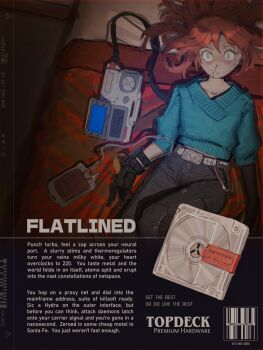 1girl :o artist_name barcode black_gloves black_pants blood blood_bag blue_sweater brand_name_imitation computer cowboy_shot death disc english_text fake_ad gloves highres intravenous_drip long_hair lying metal_belt no_pupils nosebleed notfuji on_back on_bed original pants parted_lips red_hair solo sweater text_focus