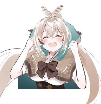 1girl ahoge brown_capelet brown_cloak brown_corset brown_hair cape capelet cloak closed_eyes corset crossed_bangs feather_hair_ornament feathers hair_ornament hairclip hieroglyphics hololive hololive_english hood hot_kakigoori long_hair multicolored_hair nanashi_mumei nanashi_mumei_(1st_costume) ponytail ribbon shirt smile streaked_hair teeth upper_body upper_teeth_only very_long_hair virtual_youtuber white_shirt