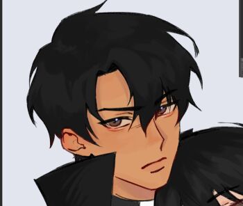 1boy 1other aegyo_sal art_program_in_frame black_coat black_eyes black_hair close-up coat curtained_hair dokjasepilogue kim_dokja looking_at_viewer male_focus omniscient_reader&#039;s_viewpoint open_clothes open_coat popped_collar portrait screencap serious short_hair solo_focus yoo_joonghyuk