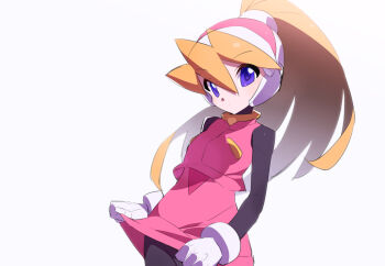 Rule 34 | 1girl, black bodysuit, blonde hair, blue eyes, bodysuit, ciel (mega man), commentary request, cowboy shot, high-waist skirt, high ponytail, kaidou zx, mega man (series), mega man zero (series), pink shirt, pink skirt, ponytail, shirt, simple background, skirt, solo, white background