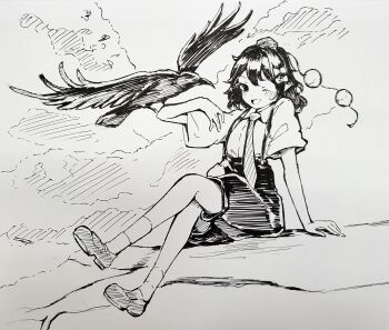 1girl :d arm_support bird collared_shirt commentary_request crow hat highres in_tree loafers looking_at_viewer monochrome necktie one_eye_closed open_mouth outdoors pom_pom_(clothes) seele_(chanseele0128) shameimaru_aya shameimaru_aya_(newsboy) shirt shoes short_sleeves shorts sitting sitting_in_tree smile solo suspenders tassel tokin_hat touhou traditional_media tree