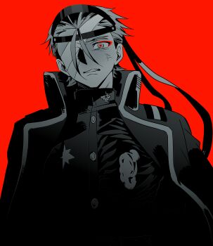 1boy absurdres ace_attorney alternate_costume anger_vein angry antenna_hair apollo_justice apollo_justice:_ace_attorney bandage_over_one_eye cape chinese_commentary clenched_teeth commentary_request eyeliner gakuran greyscale_with_colored_background headgear highres jacket last_defense_academy_school_uniform looking_at_viewer makeup male_focus moqia red_background red_eyeliner red_pupils school_uniform short_hair solo spot_color teeth the_hundred_line_-last_defense_academy- upper_body variant_set