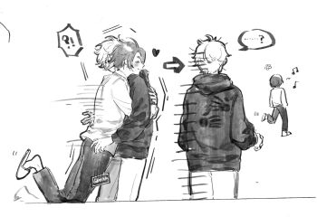 Rule 34 | !, !?, ?, arrow (symbol), black hoodie, black pants, blue lock, blush, cellphone, chisaihako, confused, flower, game over, greyscale, handprint, heart, highres, hood, hood down, hoodie, hug, long sleeves, mikage reo, monochrome, musical note, nagi seishirou, pants, phone, running, shirt, short hair, slippers, smartphone, speech bubble, walking away, white shirt