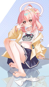 1girl absurdres bare_legs barefoot blue_archive blue_skirt cardigan drink_carton feet halo highres holding holding_milk_carton kakyouin2002 knees_up legs milk_carton natsu_(blue_archive) navel open_cardigan open_clothes panties pink_hair pink_halo red_eyes reflective_floor side_ponytail skirt socks soles solo sweater toenails toes underwear unworn_socks white_cardigan white_panties yellow_sweater ||/