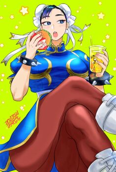 1girl black_hair blue_dress blue_eyes blue_hair boots bracelet breasts brown_pantyhose bun_cover burger capcom china_dress chinese_clothes chun-li crossed_legs cup disposable_cup double_bun dress drink drinking_glass drinking_straw earrings eating food green_background hair_bun holding holding_burger holding_cup holding_drink holding_food jewelry large_breasts looking_to_the_side mcdonald's misodiru open_mouth pantyhose pearl_earrings pelvic_curtain puffy_short_sleeves puffy_sleeves sash short_sleeves simple_background sitting solo spiked_bracelet spikes star_(symbol) street_fighter teeth thick_thighs thighs upper_teeth_only white_sash