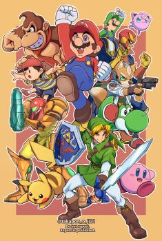 1girl 6+boys absurdres animal captain_falcon donkey_kong donkey_kong_(series) english_text everyone f-zero fox_mccloud full_body gen_1_pokemon green_tunic gun highres holding holding_gun holding_weapon hylian_shield jigglypuff jumping kirby kirby_(series) link looking_to_the_side luigi mario mario_(series) master_sword metroid mother_(series) mother_2 multiple_boys ness_(mother_2) nintendo normal_suit_(metroid) pikachu pokemon pokemon_(creature) power_suit_(metroid) samus_aran shield simple_background star_fox super_smash_bros. takapon-o-ji the_legend_of_zelda the_legend_of_zelda:_ocarina_of_time tunic twitter_username varia_suit weapon yoshi