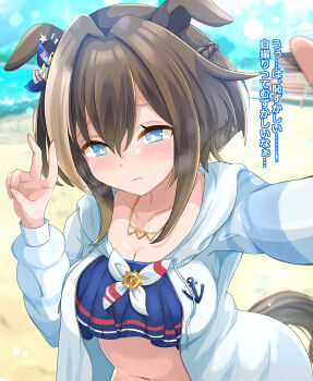 Rule 34 | 1girl, animal ears, bikini, blue bikini, blue eyes, blush, braid, breasts, brown hair, cheval grand (summer calm navy drop) (umamusume), cheval grand (umamusume), closed mouth, collarbone, commentary request, frown, hair between eyes, heart, heart necklace, highres, hood, hooded jacket, horse ears, horse girl, horse tail, jacket, jewelry, large breasts, liukensama, long hair, looking at viewer, multicolored hair, navel, necklace, official alternate costume, official alternate hairstyle, open clothes, open jacket, outdoors, outstretched arm, reaching, reaching towards viewer, solo, stomach, streaked hair, swimsuit, tail, umamusume, v, white hair, white jacket, white streaks