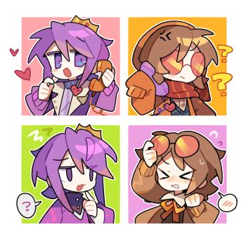 Rule 34 | > <, 1boy, 1girl, alternate costume, androgynous, animification, beanie, blush, border, brown cardigan, brown hair, cardigan, chumufengchun, coat, commentary, corded phone, crown, hardcore heart, hat, heart, highres, holding, holding phone, humanization, lifesteal smp, long sleeves, minecraft youtube, open mouth, orange-tinted eyewear, orange cardigan, orange hat, phone, purple coat, purple eyes, purple hair, purple sweater, red scarf, round eyewear, scarf, short hair, spoken blush, squiddo, sunglasses, sweater, symbol-only commentary, tinted eyewear, wemmbu, white border