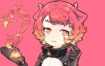 1girl black_gloves blvefo9 commentary_request fire gloves gradient_hair hands_up high_collar jacket light_brown_hair long_sleeves multicolored_hair original pyrokinesis red_background red_eyes red_hair simple_background solo symbol-shaped_pupils triangle-shaped_pupils upper_body white_jacket