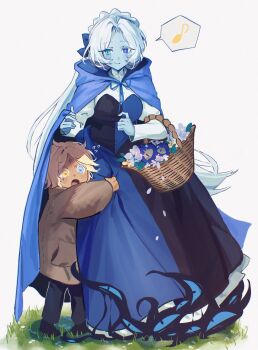 1boy 1girl basket blonde_hair blue_cloak blue_dress child cloak cookie_run cookie_run:_kingdom dress extra_eyes heterochromia highres holding holding_basket hood hooded_cloak looking_at_another pure_vanilla_cookie shadow_milk_cookie shadow_milk_cookie_(female) shipduck13 slit_pupils smile white_hair