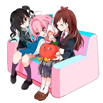 Rule 34 | #unicus (idolmaster), 3girls, ahoge, antenna hair, apple, artist request, black hair, black jacket, black legwear, blazer, blue hair, brown hair, closed eyes, collared shirt, commentary request, couch, food, fruit, grin, idolmaster, idolmaster cinderella girls, jacket, loafers, long hair, miniskirt, mole, mole under eye, multicolored hair, multiple girls, necktie, one eye closed, pink eyes, pink hair, plaid clothes, plaid skirt, pleated skirt, shark, shirt, shoes, short hair, sitting, sitting on person, skirt, smile, stuffed animal, stuffed toy, sunazuka akira, tsujino akari, twintails, two-tone hair, white legwear, white shirt, yumemi riamu